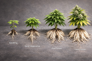 Cannabis plants with roots exposed at different stages of growth