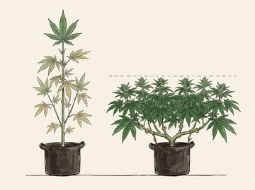 Two cannabis plants side by side showing what training does: an untrained plant grown tall and narrow with one dominant top, beside a trained plant grown low and wide with many even tops held down by yellow clips to form a flat canopy.