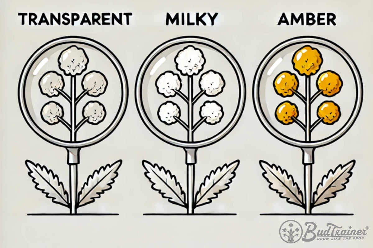 Trichome maturation infographic showing the three color stages of cannabis glandular trichomes: clear (immature, low THC), milky or cloudy (peak THC, ideal harvest), and amber (CBN conversion, more sedative profile).