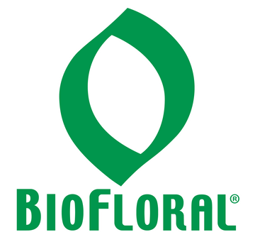 Biofloral company logo with green leaf design and white text on black background.