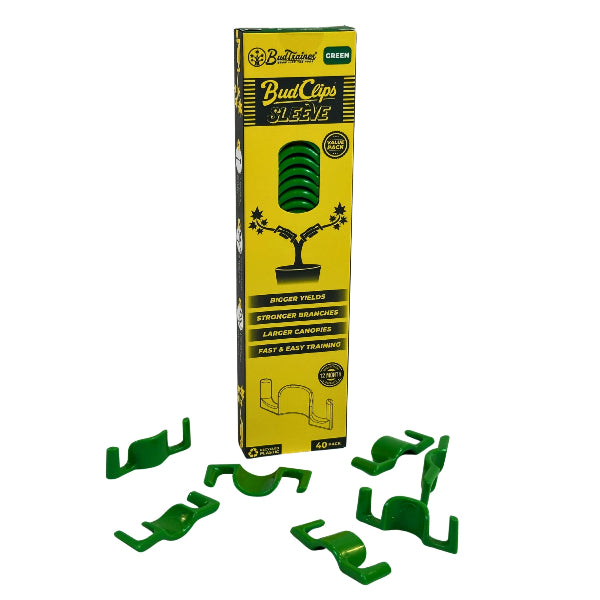 BudClips packaging with green clips on a white background