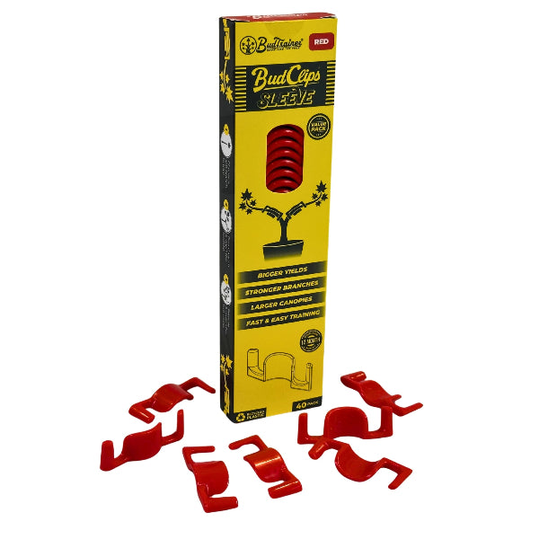 Red BudClips and yellow packaging on a white background