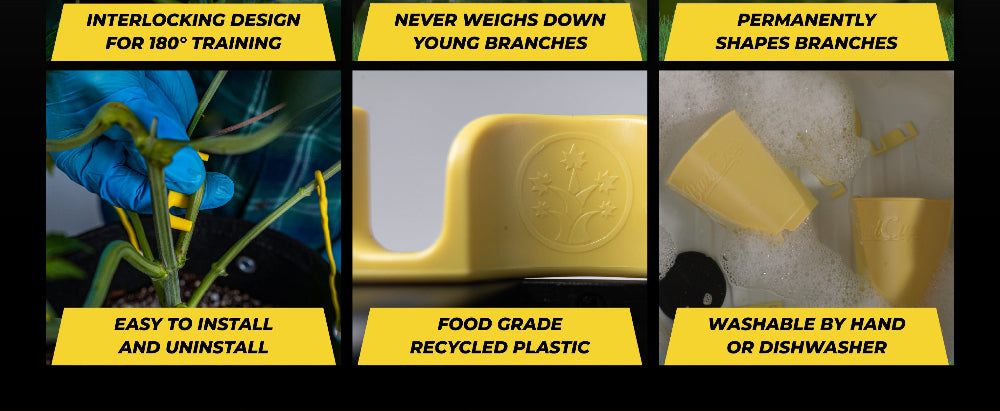 BudClips product features with yellow labels on a black background