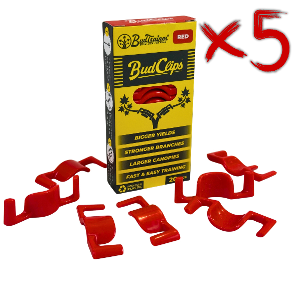 Red 100x BudClips with packaging and text on a white background