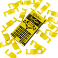 Box of yellow Bud Clips with multiple clips scattered around on a white background
