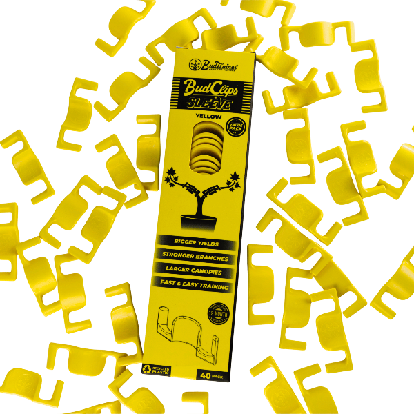 Yellow BudClips 40pk packaging with clips scattered around on a white background