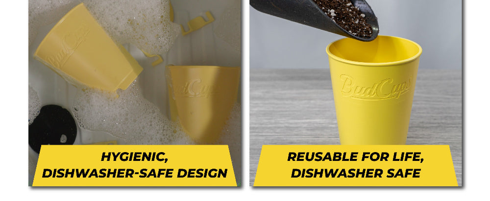 Yellow BudCups reusable nursery cup with text highlighting hygienic and dishwasher-safe features.