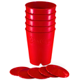 Stack of red BudCups plastic cups with bottom plates on a white background