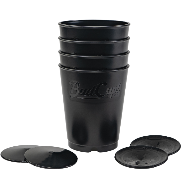 Set of black BudCups with bottom plates on a white background
