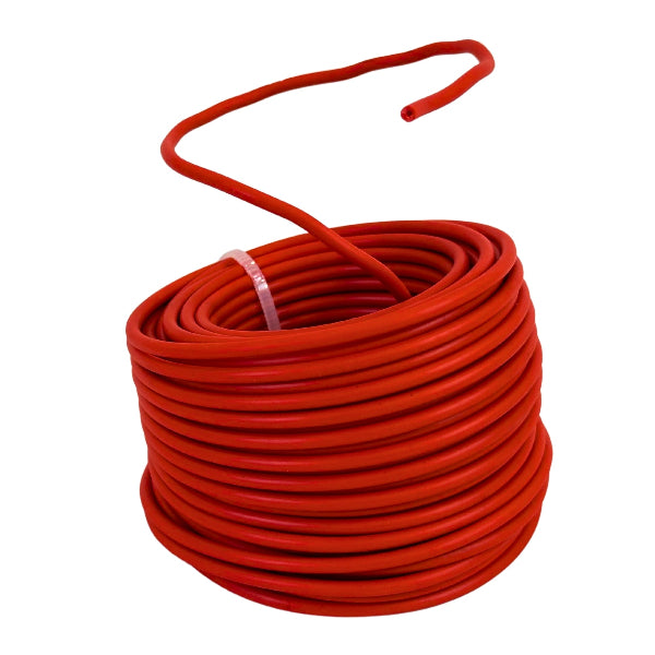 Coiled red BudHuggers on a white background