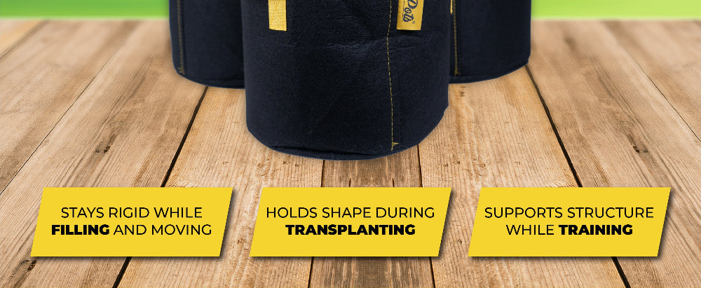 Black bags on a wooden surface with yellow text describing their features.