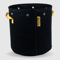 Black BudPots fabric pot 10Ga with yellow handles and a visible brand logo on a light gray background