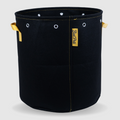 Black BudPots fabric pot 15Ga with yellow handles and a visible brand logo on a light gray background