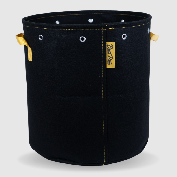 Black BudPots fabric pot 15Ga with yellow handles and a visible brand logo on a light gray background