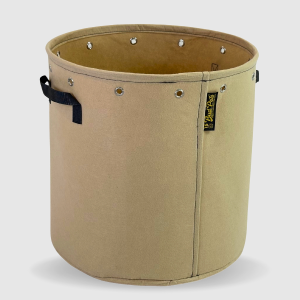 Beige fabric pot, BudPots 15Ga, with black handles and a visible brand label on a white background
