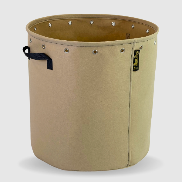 Beige fabric pot, BudPots 25Ga, with black handles and a visible brand label on a white background