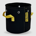 Black fabric pot, BudPots 2Ga, with yellow handles and a visible brand label on a white background