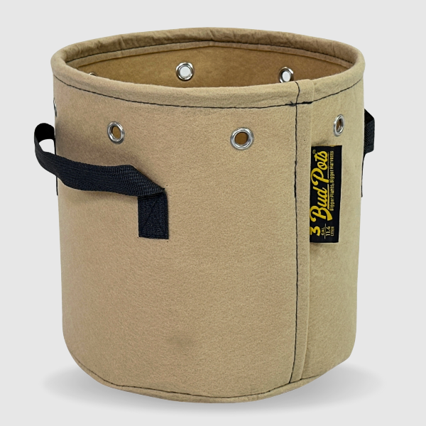 Beige fabric pot, BudPots 3Ga, with black handles and a visible brand label on a white background