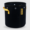 Black BudPots fabric pot 5Ga with yellow handles and a visible brand logo on a light gray background