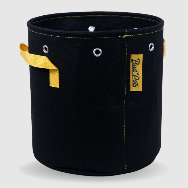 Black BudPots fabric pot 5Ga with yellow handles and a visible brand logo on a light gray background