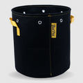 Black BudPots fabric pot 7Ga with yellow handles and a visible brand logo on a light gray background
