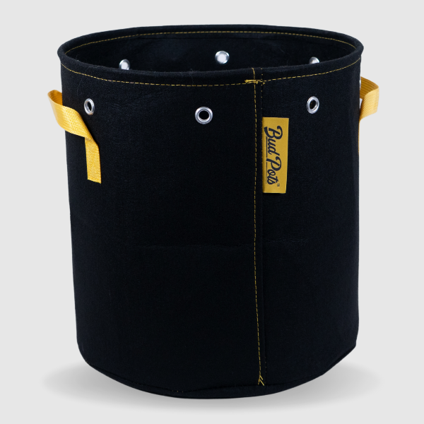 Black BudPots fabric pot 7Ga with yellow handles and a visible brand logo on a light gray background