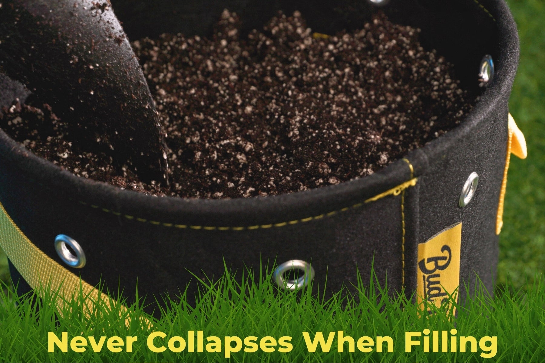 BudPot being filled with soil while maintaining its shape, highlighting its sturdy design.
