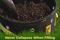 Soil being poured into a BudPots fabric pot whose rim stays fully open.