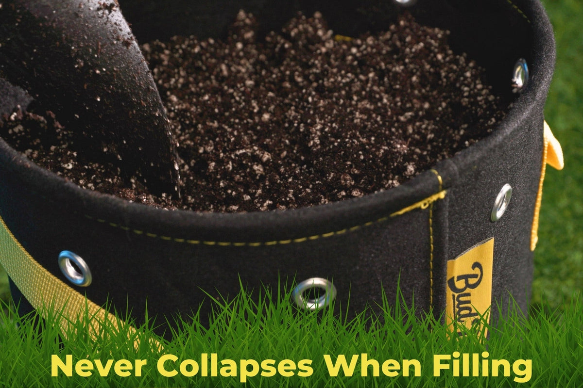 Soil being poured into a BudPots fabric pot whose rim stays fully open.