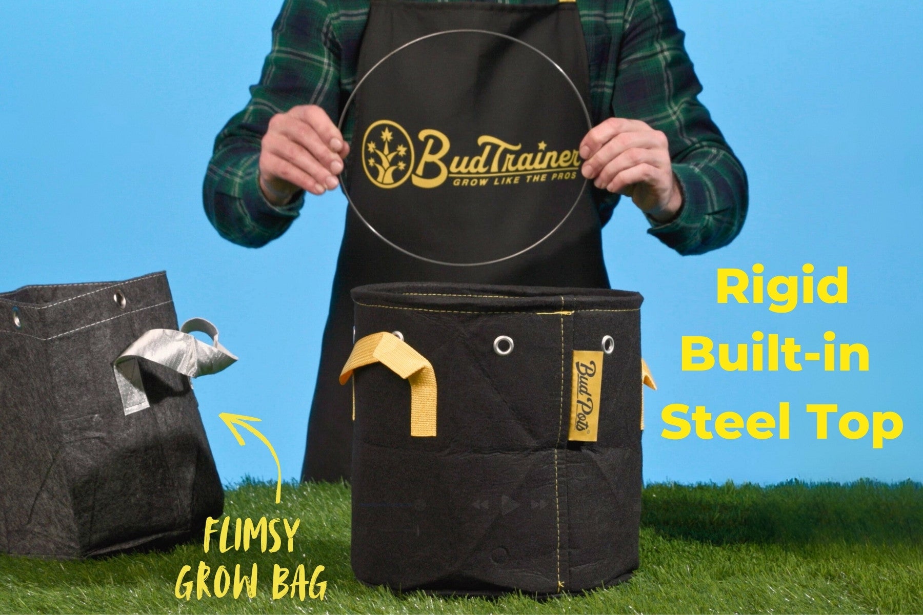 BudTrainer showing rigid steel ring from BudPots next to a collapsing grow bag for comparison.