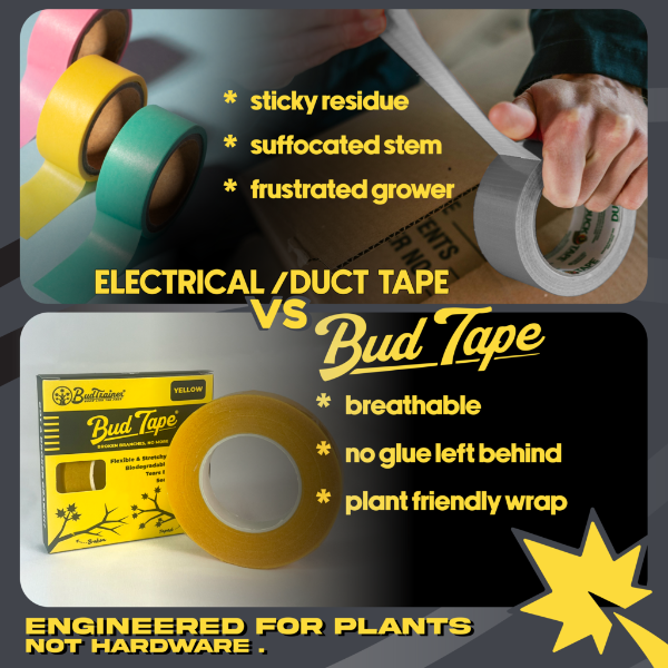 Comparison of electrical/duct tape and BudTape with text highlighting benefits
