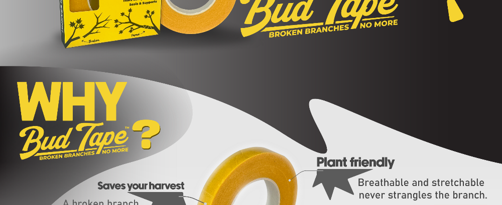 BudTape packaging with text explaining its benefits on a black background