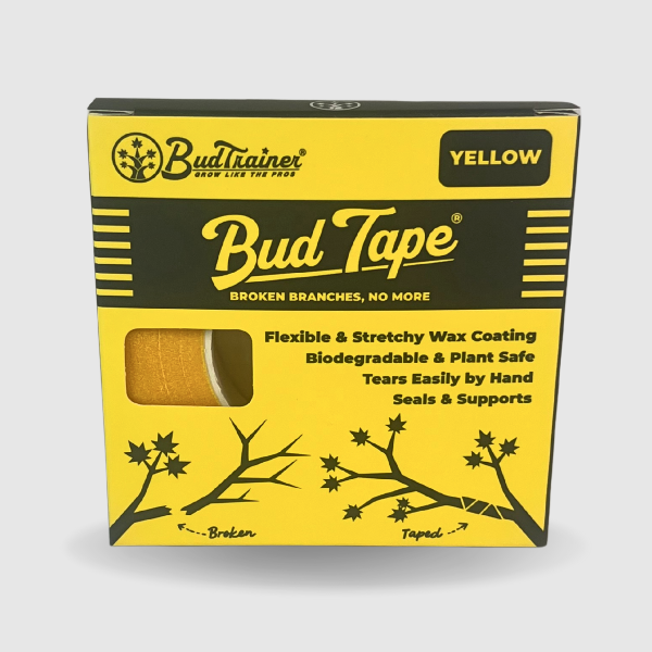 Yellow and black packaging of BudTape with product details on a white background