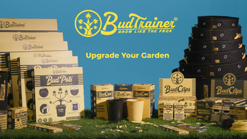 BudTrainer gardening products including pots, boxes, and pots on a grassy background with a blue sky.