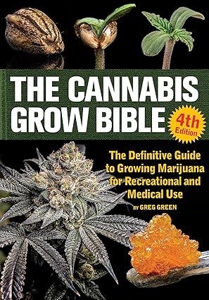 Book cover of 'The Cannabis Grow Bible' with images of cannabis plants and text.