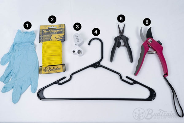 Essential cannabis harvesting tools including gloves, Bud Huggers plant ties, magnifier, hanger, trimming scissors, and pruning shears.