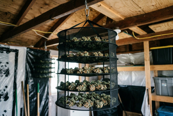 Cannabis buds spread on a mesh drying rack with space between them, the layout that keeps air moving during the first days of the dry when mold counts rise.