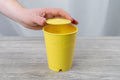 Hand placing BudTrainer BudCups bottom insert into yellow BudCups for better cannabis seedling aeration and drainage.
