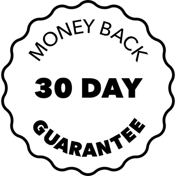 A circular scalloped badge with black text reading 'MONEY BACK 30 DAY GUARANTEE' on a white background.