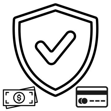 Shield icon with a check mark, money, and credit card icons below on a white background