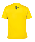 Back view of a yellow BudTrainer t-shirt with black logo at the neck.