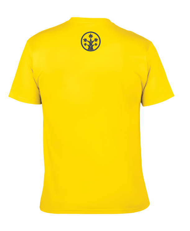 Back view of a yellow BudTrainer t-shirt with black logo at the neck.
