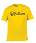 Front view of a yellow BudTrainer t-shirt with black BudTrainer logo and slogan ‘Grow Like The Pros’.