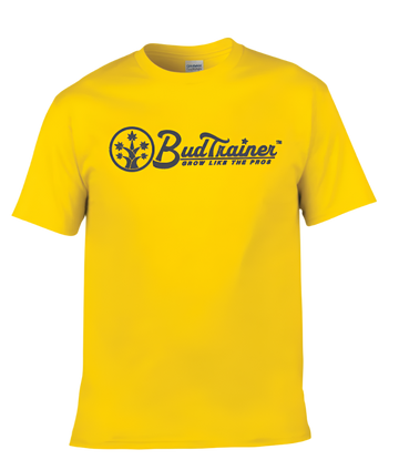 Front view of a yellow BudTrainer t-shirt with black BudTrainer logo and slogan ‘Grow Like The Pros’.