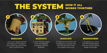 Diagram explaining the BudTrainer gardening system with four steps labeled BudCups, BudPots, BudClips, and BudHuggers.