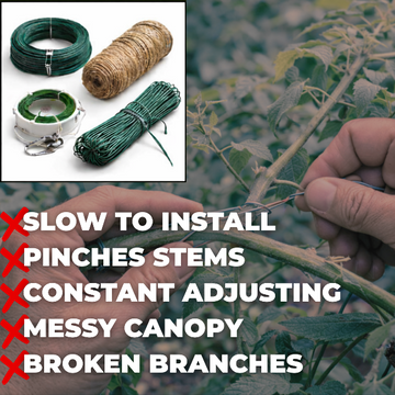 Person using green twine to tie a branch with text about installation issues.