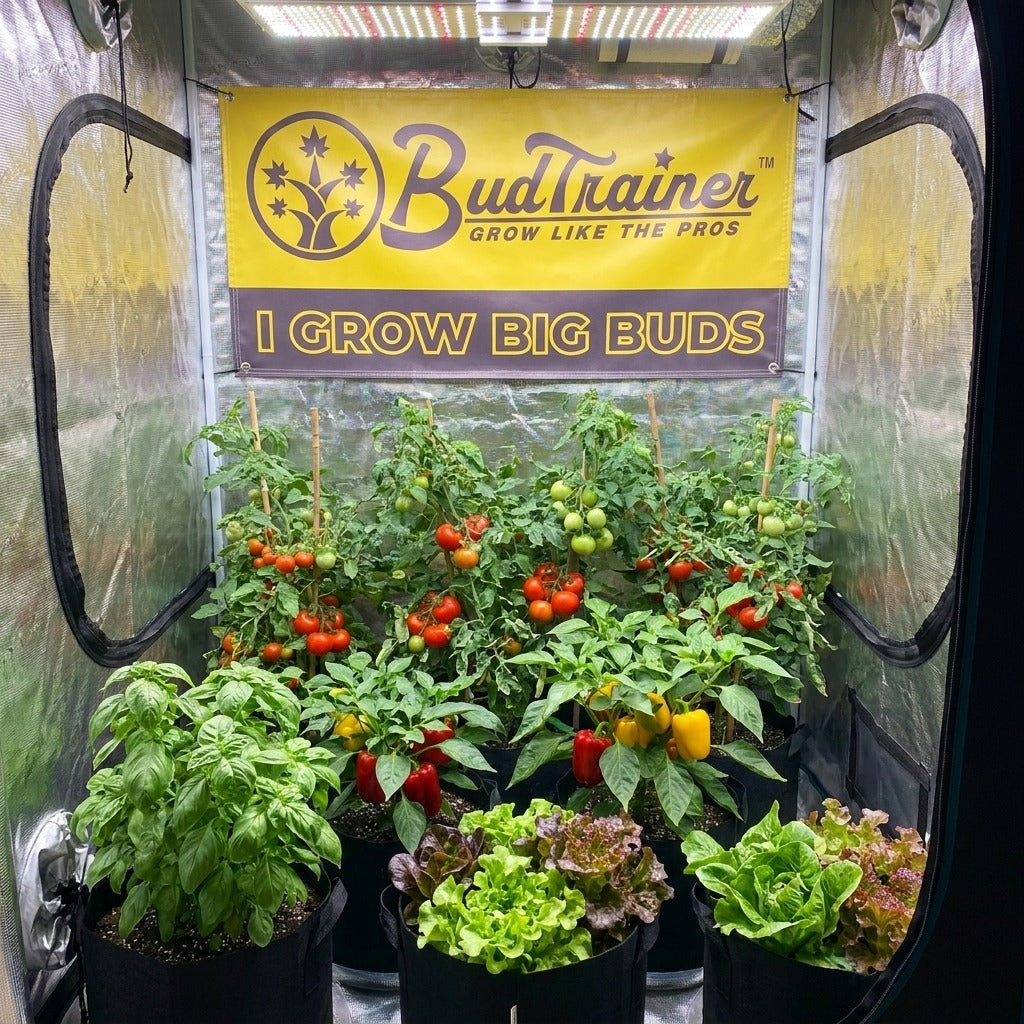 BudTrainer I Grow Big Buds banner hanging on the back wall of a grow tent above a vegetable garden of tomatoes, peppers, basil and lettuce in fabric pots.