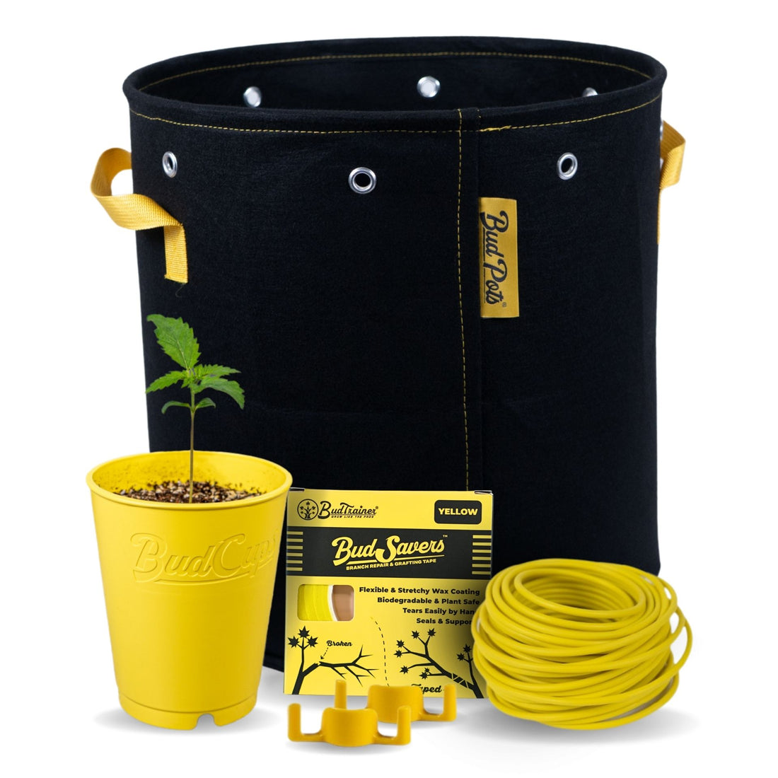 BudTrainer BudBundle including BudPot fabric pot, BudCups seedling starter, BudClips low stress training clips, and yellow training wire for cannabis growing. Also includes BudSavers grafting and branch repair tape