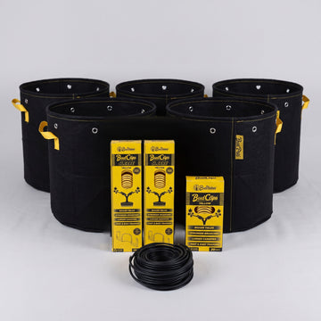 Five black BudPots fabric grow bags with two yellow BudClips 40-pack sleeves, a 20-pack box and a coil of black BudHuggers garden wire in front, on a plain grey background.