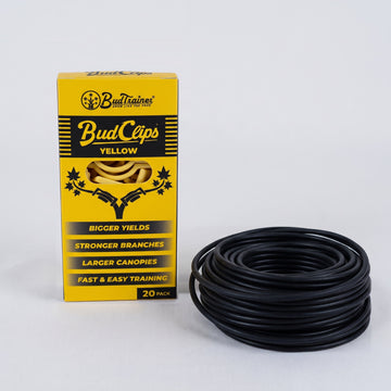 A yellow BudClips 20-pack box standing beside a coil of black BudHuggers garden wire on a plain grey background.